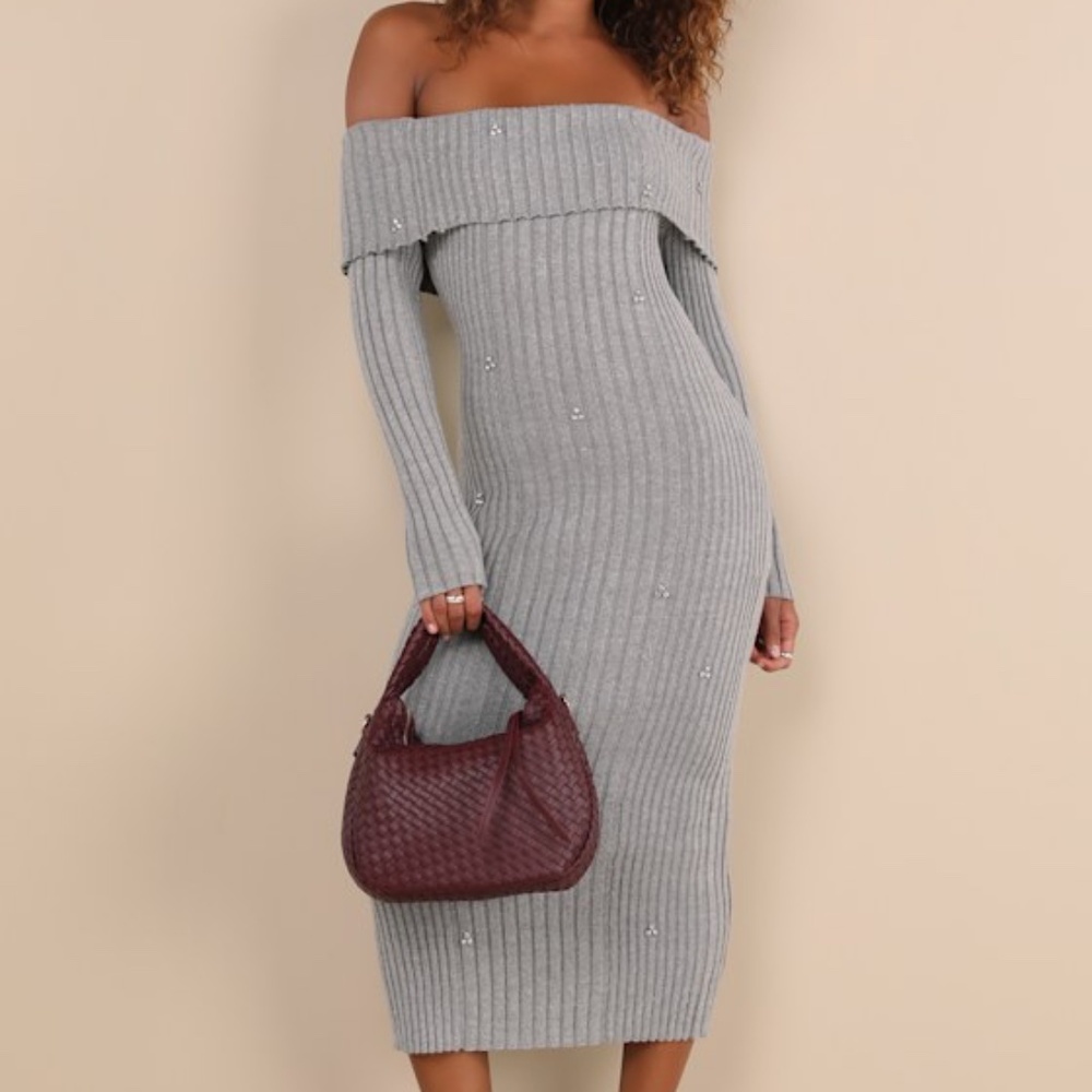 Lulus Dazzling Comfort Grey Rhinestone Off-the-shoulder Sweater Dress - Size M